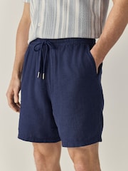 Navy Linen Rich Drawstring Waist Shorts - Image 1 of 9