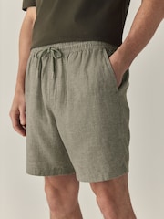 Sage Green Linen Rich Drawstring Waist Shorts - Image 1 of 10
