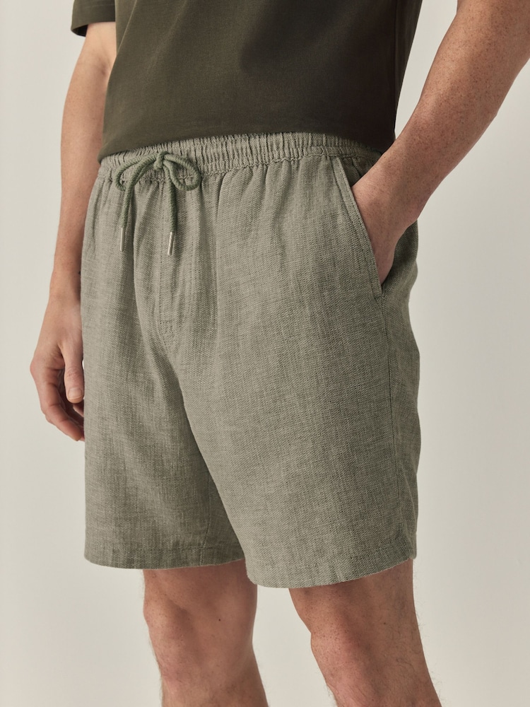 Sage Green Linen Rich Drawstring Waist Shorts - Image 1 of 10