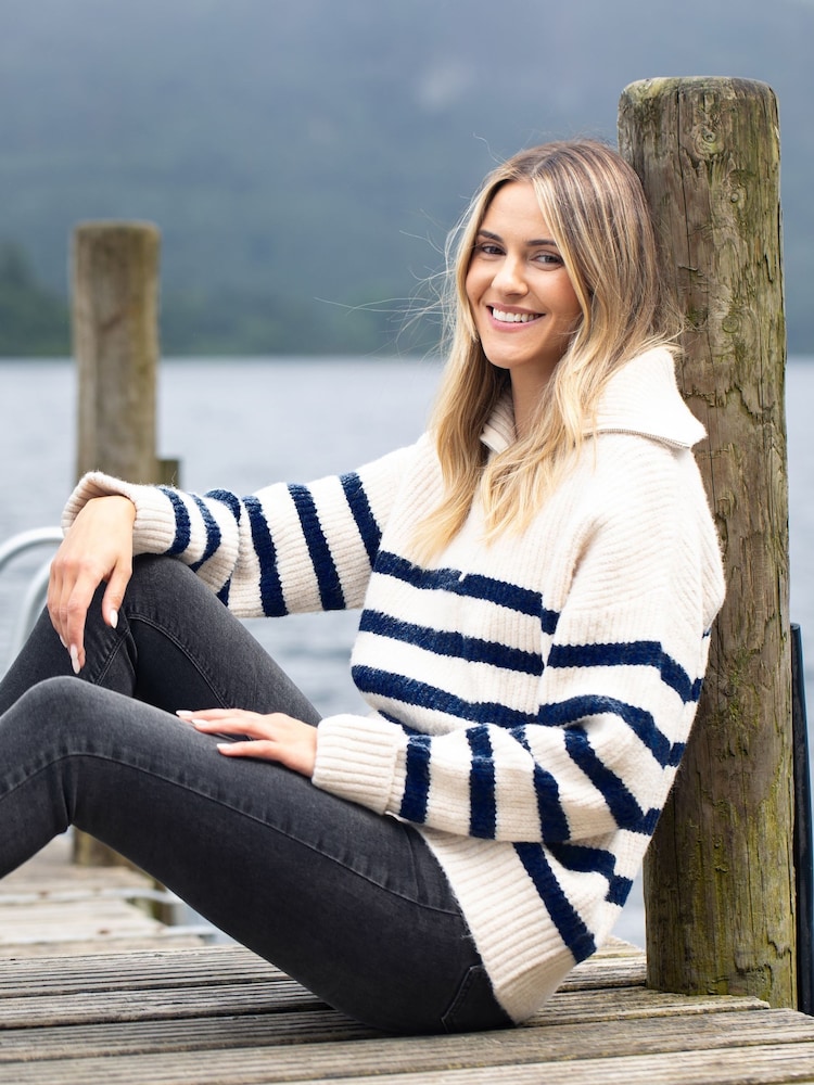 Lakeland Clothing Blue Dieta Striped Wool Blend Quarter Zip Jumper - Image 1 of 5