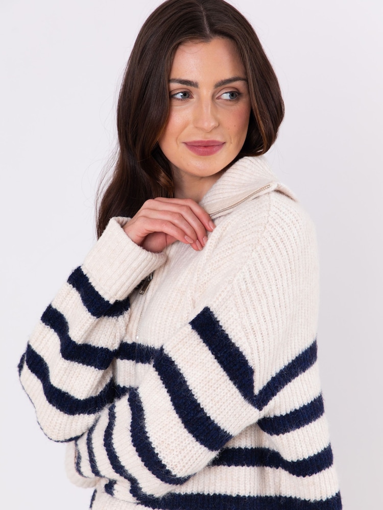 Lakeland Clothing Blue Dieta Striped Wool Blend Quarter Zip Jumper - Image 5 of 5
