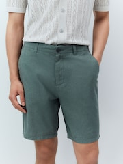 Teal Blue Linen Rich Elasticated Waist Chino Shorts - Image 1 of 5