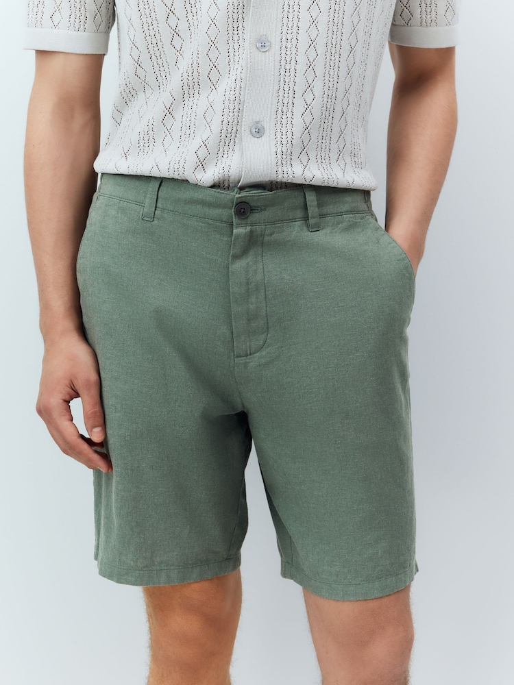 Sage Green Linen Rich Elasticated Waist Chino Shorts - Image 1 of 8 Sage Green Linen Rich Elasticated Waist Chino Shorts - Image 1 of 8