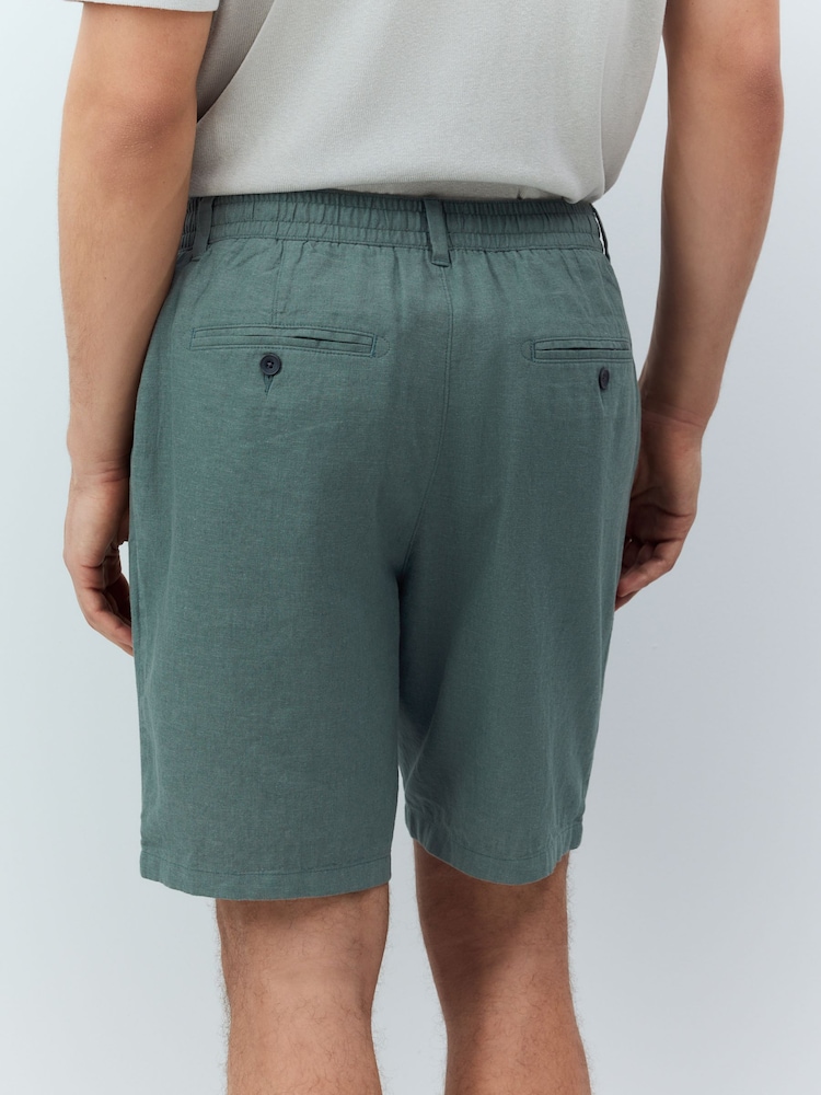 Teal Blue Linen Rich Elasticated Waist Chino Shorts - Image 2 of 5