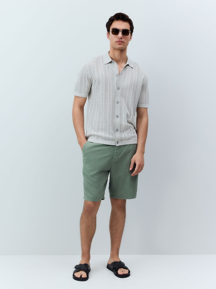 Sage Green Linen Rich Elasticated Waist Chino Shorts - Image 2 of 8 Sage Green Linen Rich Elasticated Waist Chino Shorts - Image 2 of 8