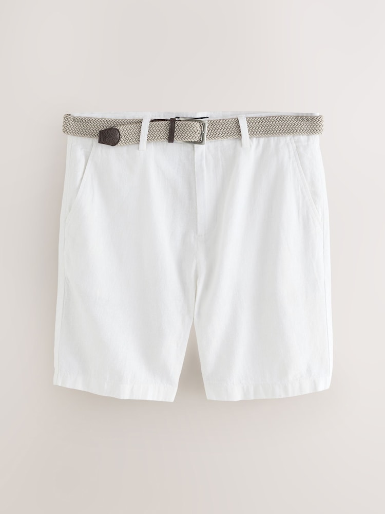 White Linen Cotton Chino Shorts with Belt Included - Image 1 of 4