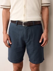 Navy Linen Cotton Chino Shorts with Belt Included - Image 1 of 10