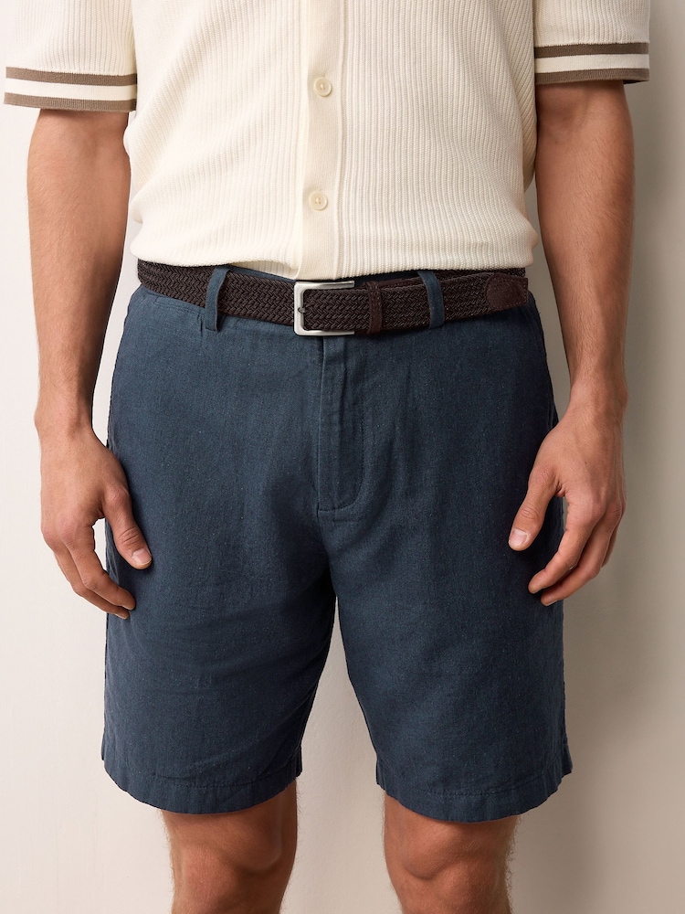Navy Linen Cotton Chino Shorts with Belt Included - Image 1 of 10