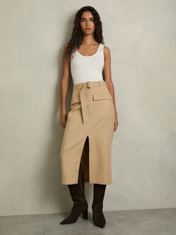 Reiss Camel Oakley Cargo Pencil Skirt With Cotton - Image 1 of 6