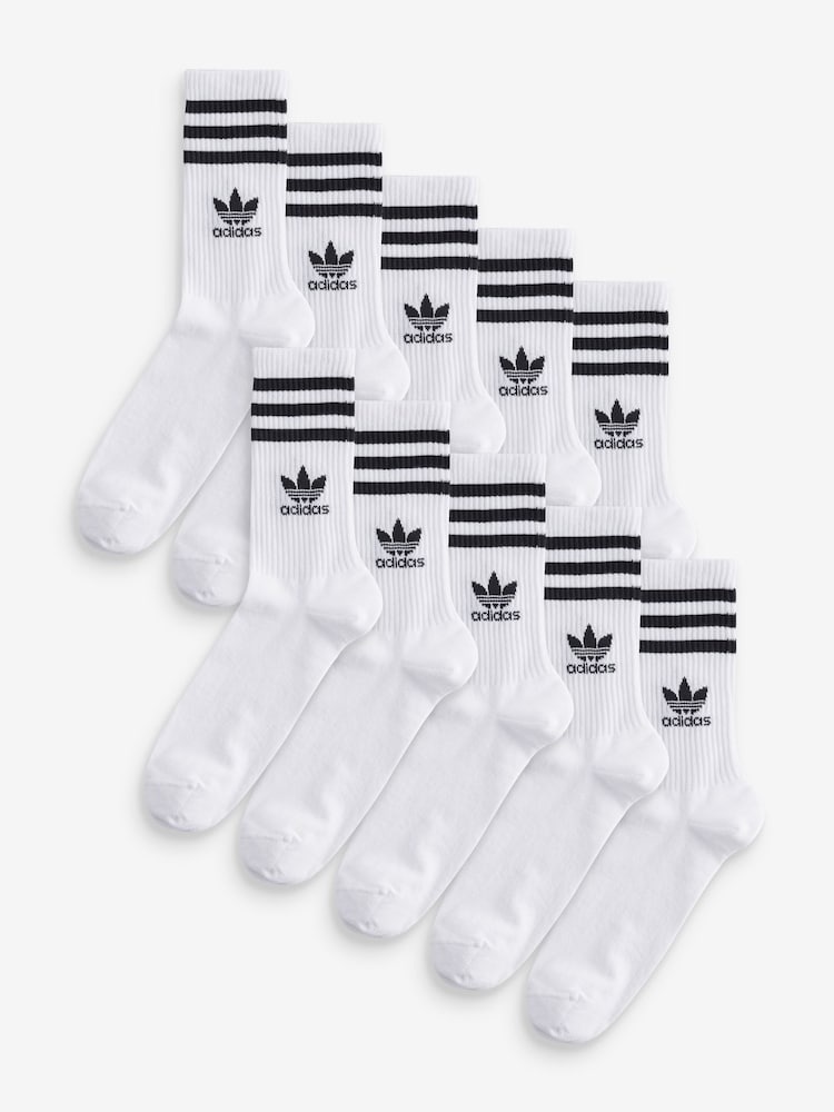 adidas Originals White 3 Stripe Crew Socks 10 Pack - Image 1 of 11