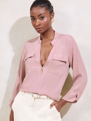 Lipsy Pink Zip Front Utility Pocket Blouse - Image 1 of 4