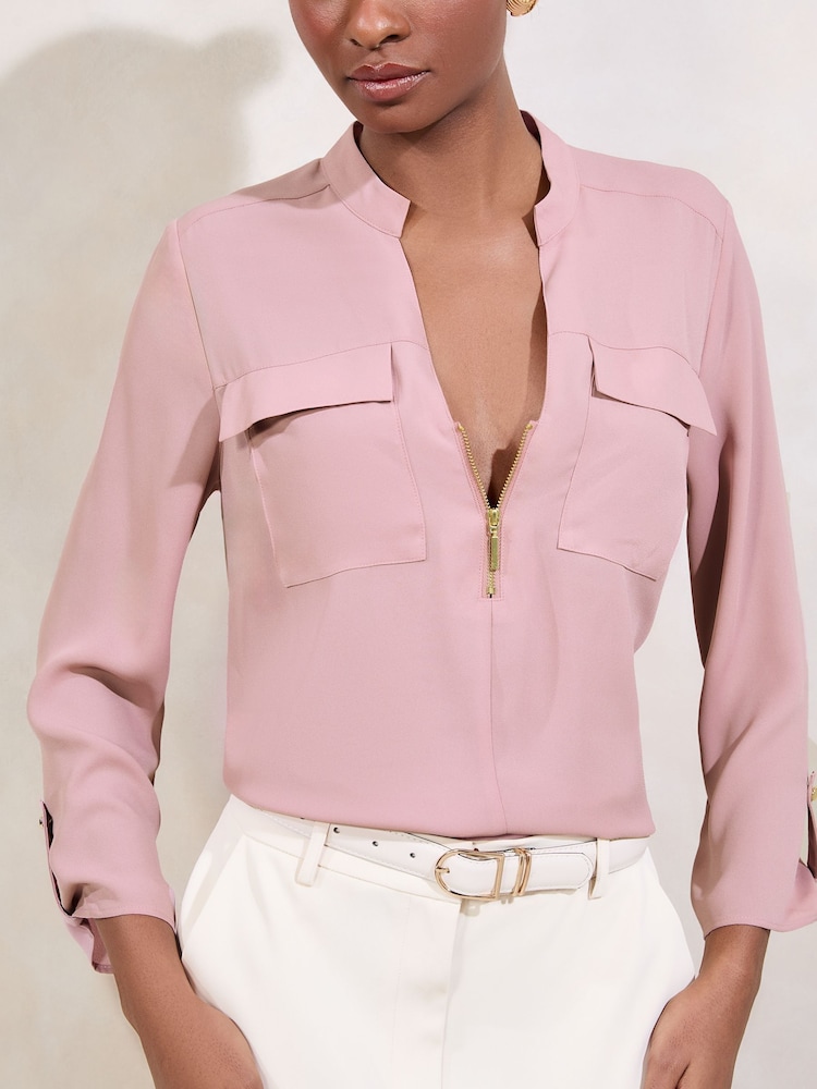 Lipsy Pink Zip Front Utility Pocket Blouse - Image 2 of 4