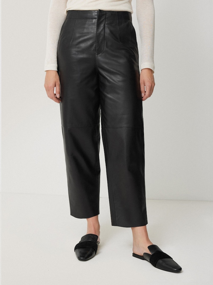 Jigsaw Black Leather Barrel Leg Trousers - Image 1 of 6