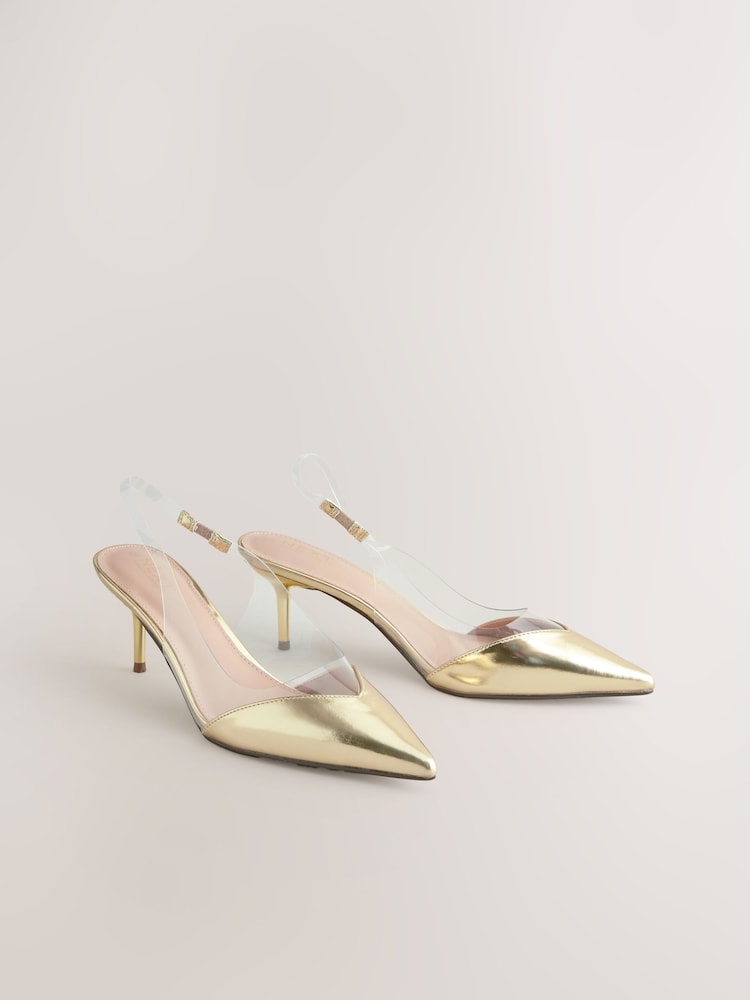 Gold Forever Comfort® Point Toe Detail Vinyl Slingback Heels - Image 1 of 6