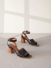 Black Leather Signature Square Toe Cross-Over Detail Ankle Strap Block Sandals - Image 1 of 7