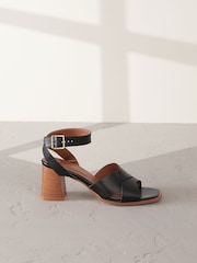 Black Leather Signature Square Toe Cross-Over Detail Ankle Strap Block Sandals - Image 2 of 7