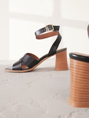 Black Leather Signature Square Toe Cross-Over Detail Ankle Strap Block Sandals - Image 3 of 7