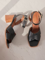 Black Leather Signature Square Toe Cross-Over Detail Ankle Strap Block Sandals - Image 4 of 7