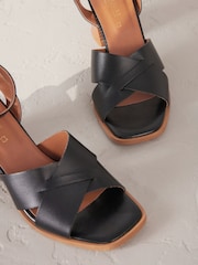 Black Leather Signature Square Toe Cross-Over Detail Ankle Strap Block Sandals - Image 5 of 7
