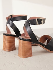 Black Leather Signature Square Toe Cross-Over Detail Ankle Strap Block Sandals - Image 6 of 7