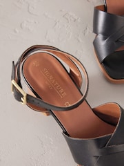 Black Leather Signature Square Toe Cross-Over Detail Ankle Strap Block Sandals - Image 7 of 7