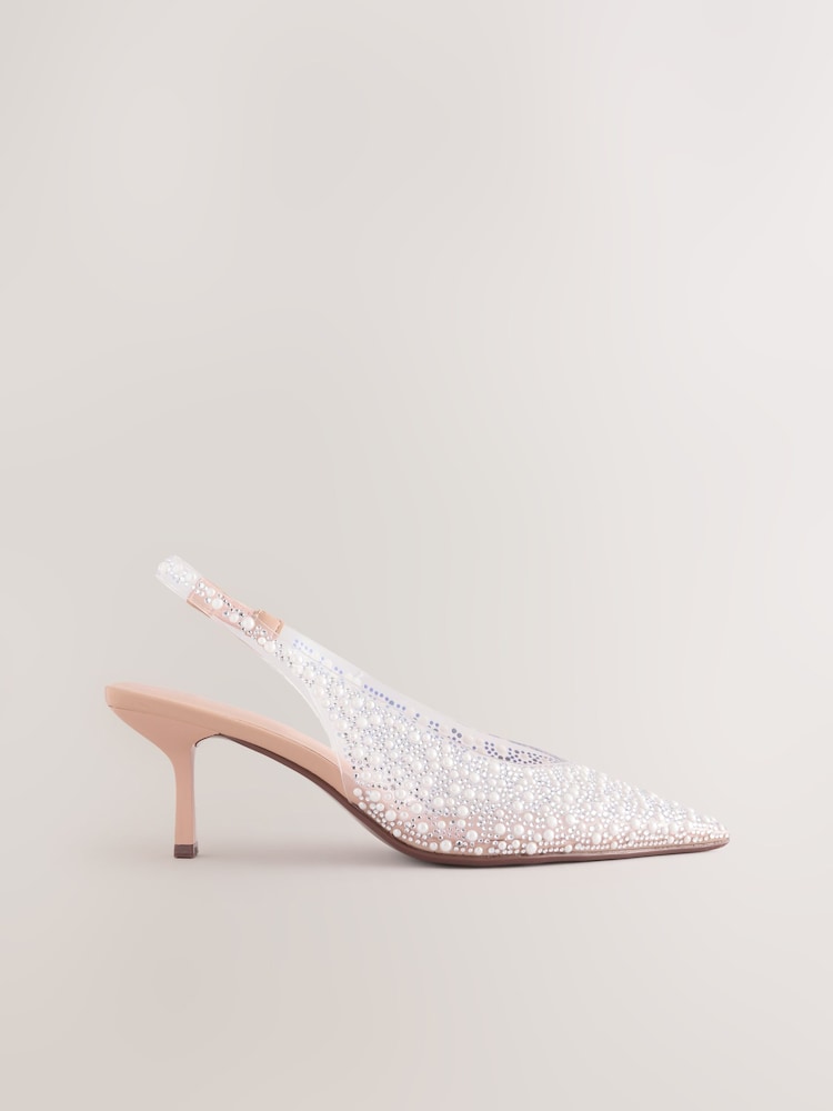 White Forever Comfort® Point Toe Vinyl Jewel Detail Sling Back Heels - Image 1 of 5