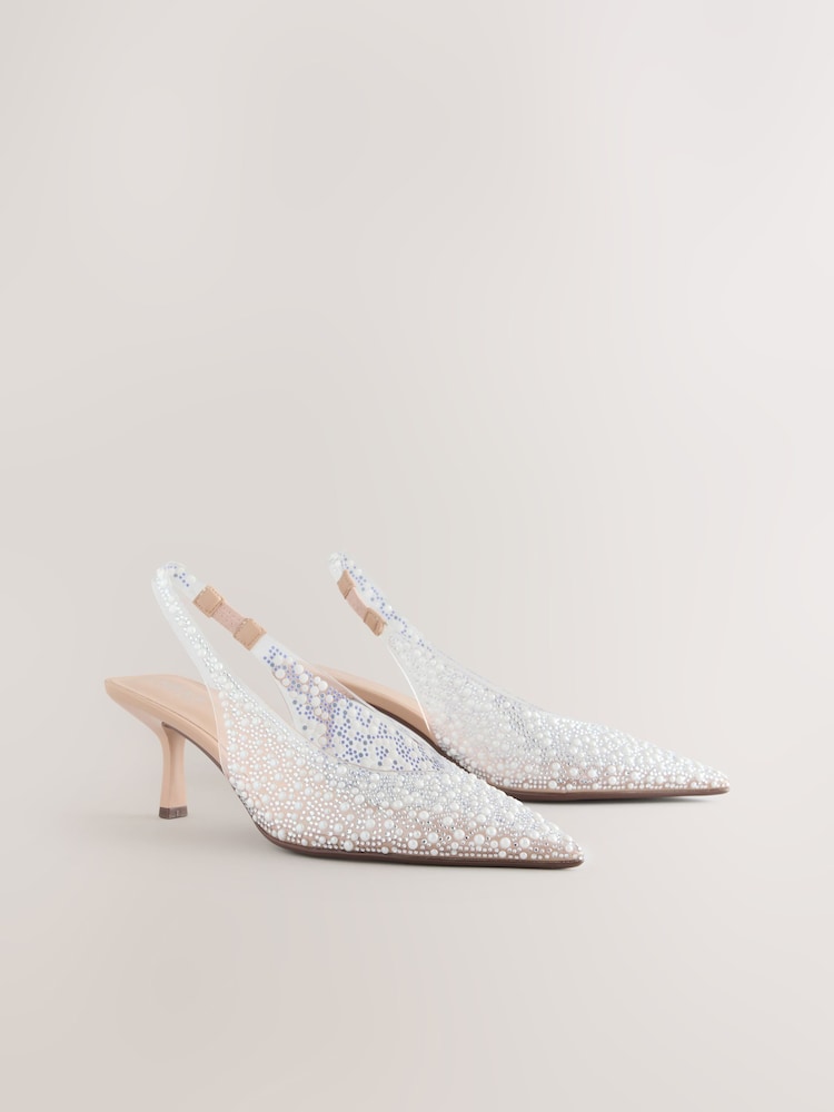 White Forever Comfort® Point Toe Vinyl Jewel Detail Sling Back Heels - Image 2 of 5