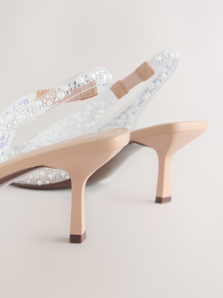 White Forever Comfort® Point Toe Vinyl Jewel Detail Sling Back Heels - Image 5 of 5