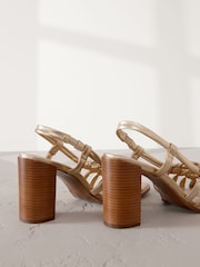 Gold Signature Premium Leather Square Toe Cage Slingback Block Heel Sandals - Image 3 of 3