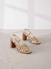 Gold Signature Premium Leather Square Toe Cage Slingback Block Heel Sandals - Image 5 of 8