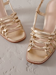 Gold Signature Premium Leather Square Toe Cage Slingback Block Heel Sandals - Image 7 of 8