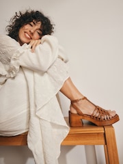 Tan Brown Signature Premium Leather Square Toe Weave Clog Block Heel Sandal Shoes - Image 2 of 4