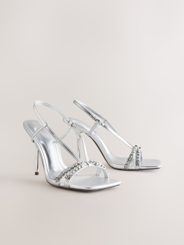 Silver Forever Comfort® Square Toe Jewel Detail Sling Back Sandal Shoes - Image 1 of 5