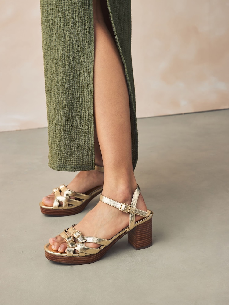 Gold Forever Comfort® Round Toe Low Strap Buckle Detail Platform Sandals - Image 1 of 10