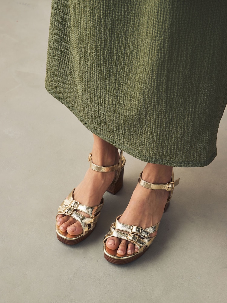 Gold Forever Comfort® Round Toe Low Strap Buckle Detail Platform Sandals - Image 2 of 10