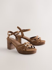 Tan Brown Forever Comfort® Round Toe Low Strap Buckle Detail Platform Sandals - Image 1 of 5