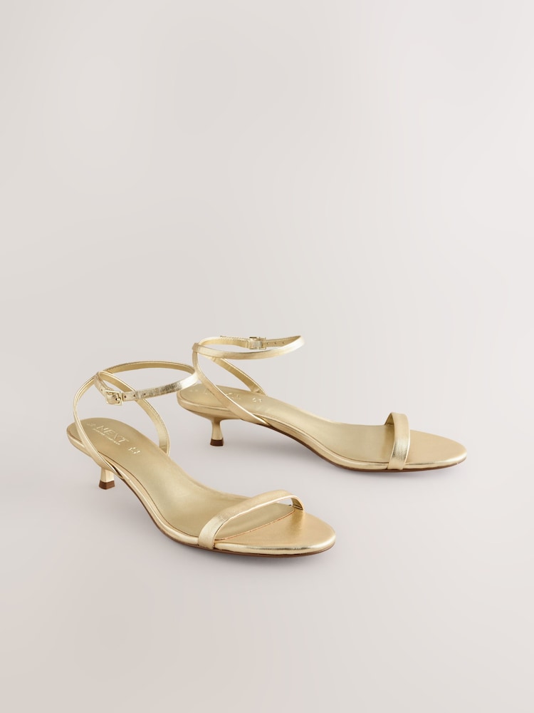 Buy Gold Leather Round Toe Low Kitten Heel Simple Sandals from
