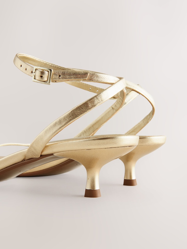 Buy Gold Leather Round Toe Low Kitten Heel Simple Sandals from