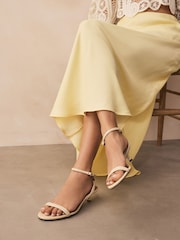 Snake Beige Forever Comfort® Leather Round Toe Low Kitten Heel Simple Sandals - Image 1 of 9