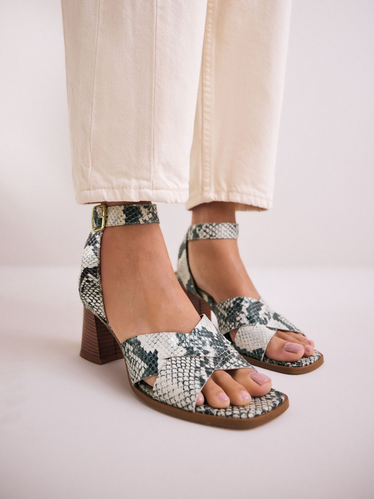 Snake Signature Square Toe Cross-Over Detail Ankle Strap Block Sandals - Image 1 of 9