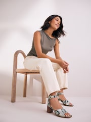 Snake Signature Square Toe Cross-Over Detail Ankle Strap Block Sandals - Image 2 of 9