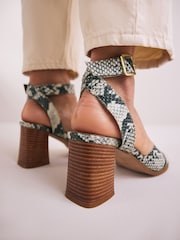Snake Signature Square Toe Cross-Over Detail Ankle Strap Block Sandals - Image 3 of 9