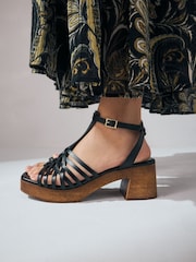 Negro - Signature Premium Leather Square Toe Weave Clog Block Heel Sandal Shoes - Imagen 1 de 1