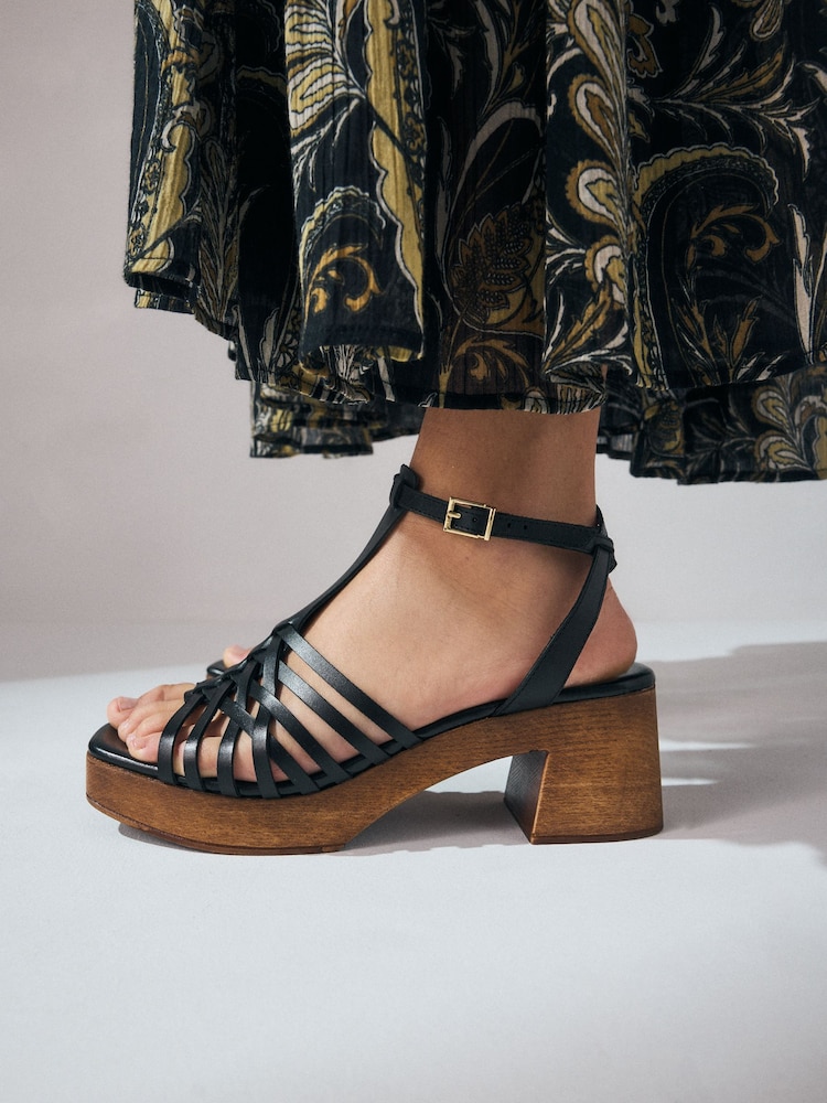 Negro - Signature Premium Leather Square Toe Weave Clog Block Heel Sandal Shoes - Imagen 1 de 1
