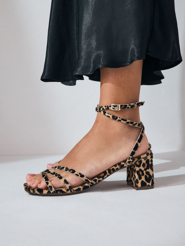Leopard Print Forever Comfort® Square Toe Leather Strappy Low Block Sandals - Image 1 of 9