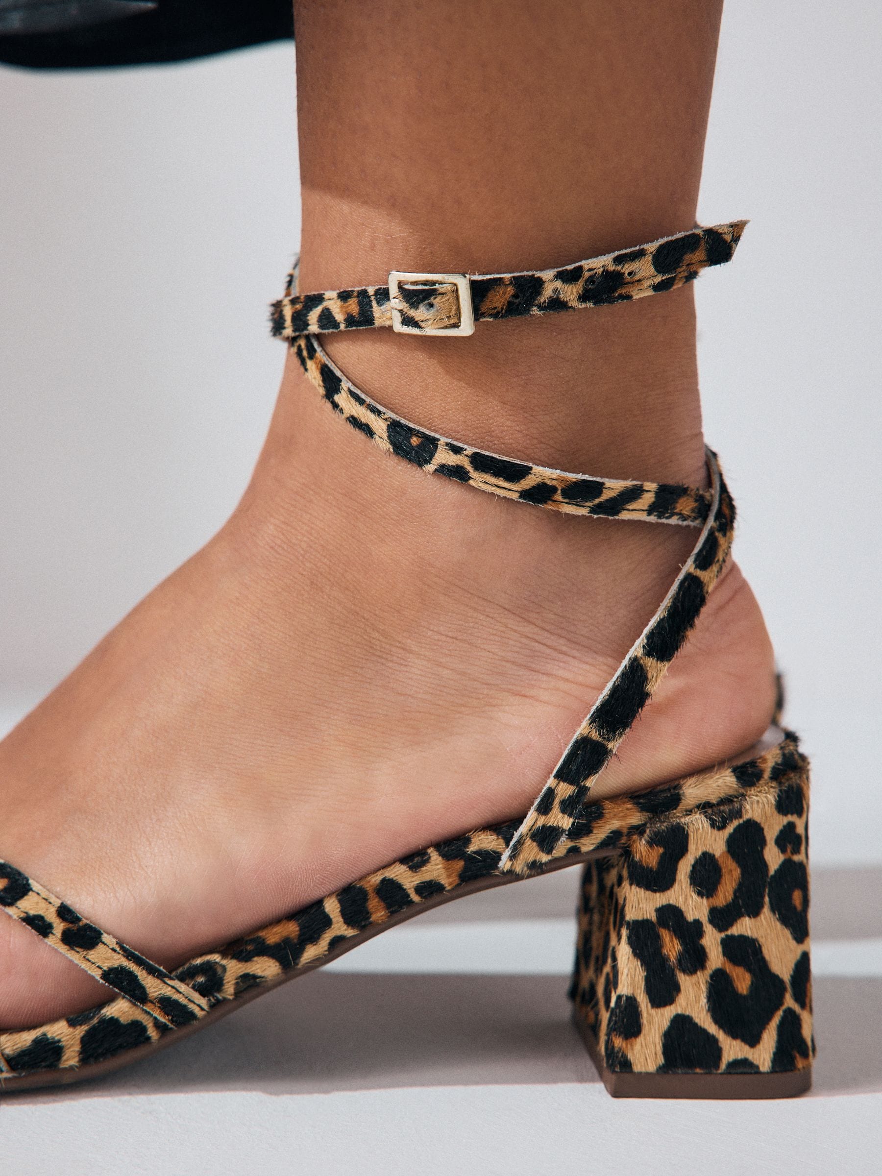Buy Leopard Print Square Toe Leather Strappy Low Block Sandals