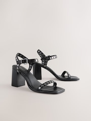 Black Forever Comfort® Leather Square Toe Hardware Detail Block Sandals - Image 1 of 5