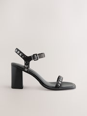Black Forever Comfort® Leather Square Toe Hardware Detail Block Sandals - Image 2 of 5