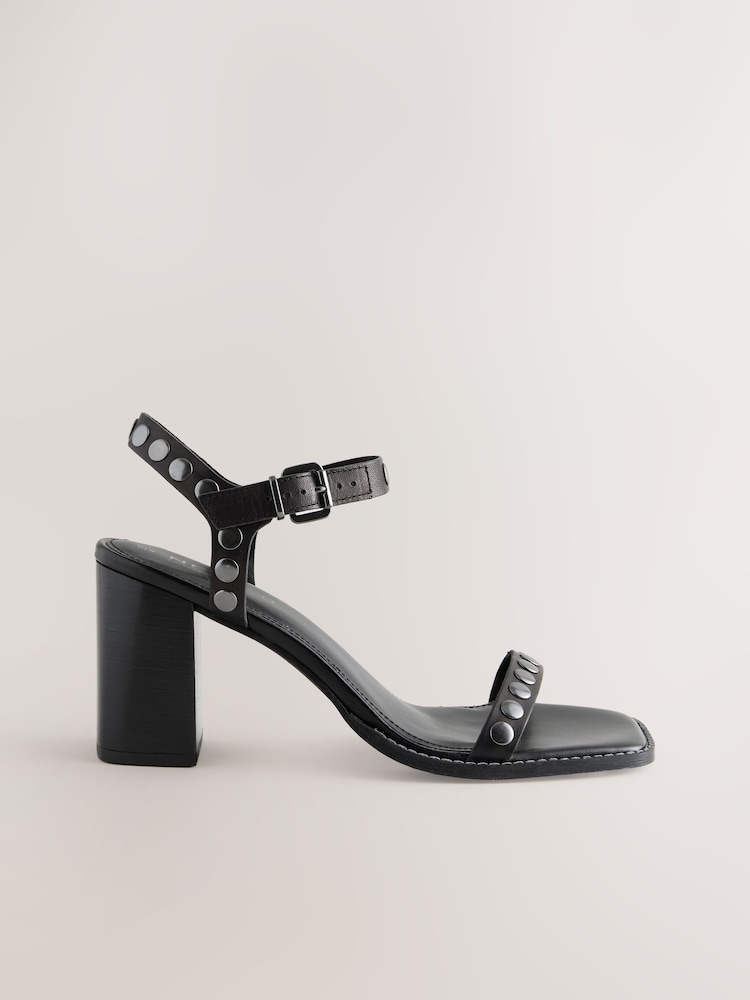 Black Forever Comfort® Leather Square Toe Hardware Detail Block Sandals - Image 2 of 5