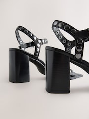 Black Forever Comfort® Leather Square Toe Hardware Detail Block Sandals - Image 3 of 5